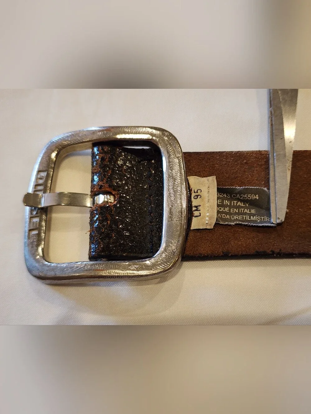 Diesel Black Leather Belt with Brushed Silver Square Buckle